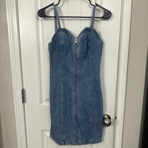 Guess blue denim bodycon dress with front full zipper, sweetheart neckline. XS